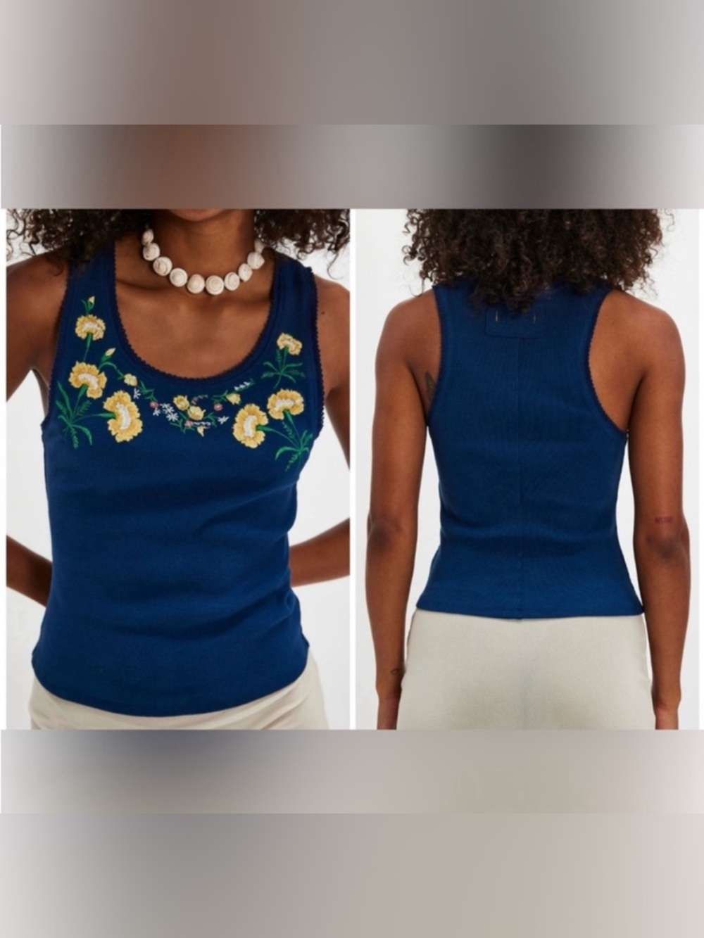 Free People NWT Embroidered Scoop Neck Tank Top - Navy